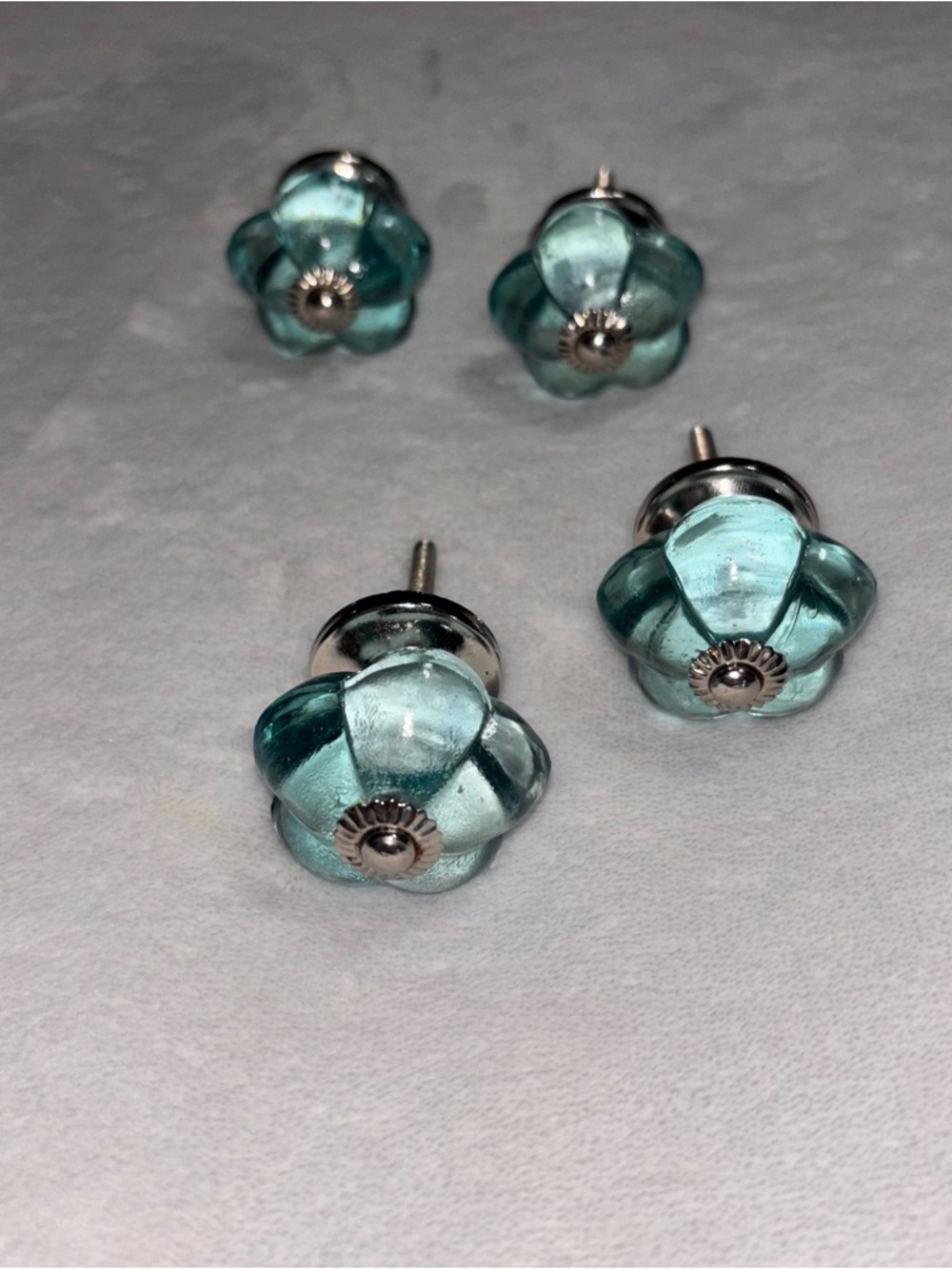 Set of Four Blue Glass Flower Shaped Knobs/Drawer Pulls